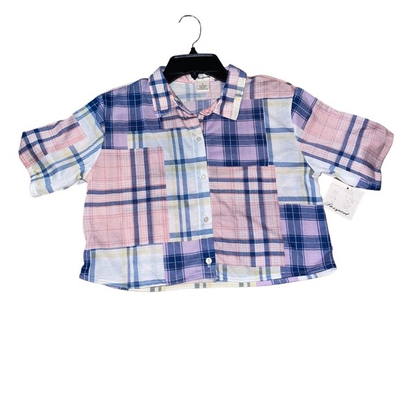 Passport cropped patchwork top size small short sleeve button down shirt NWT/ - Picture 8 of 12